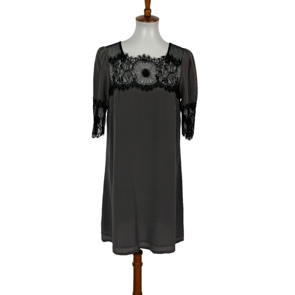 Anthropologie Dil Silk Dress 6 Gray Lace Short Sleeve - Picture 1 of 6